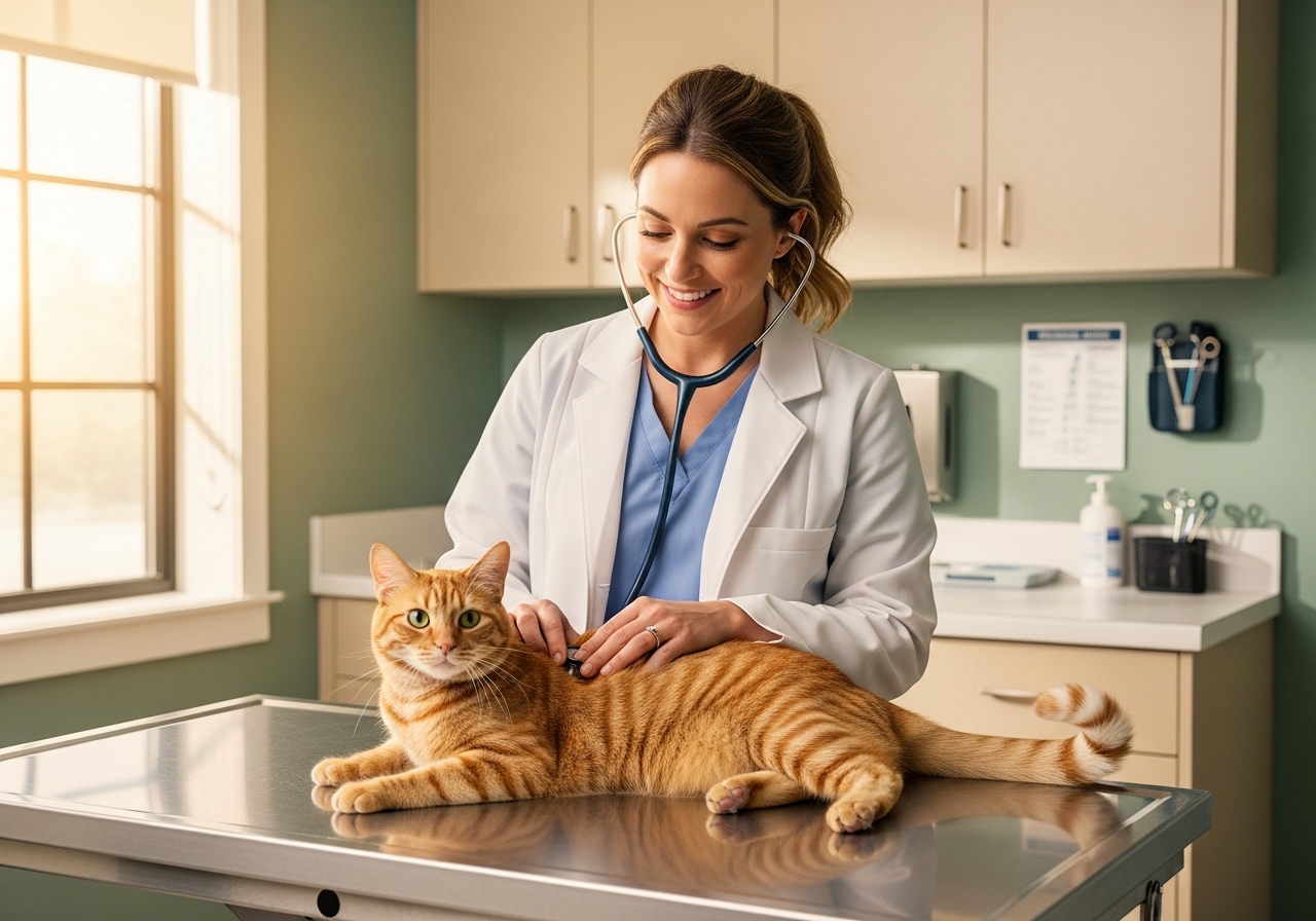 A veterinarian examining a cat in a sunlit exam room