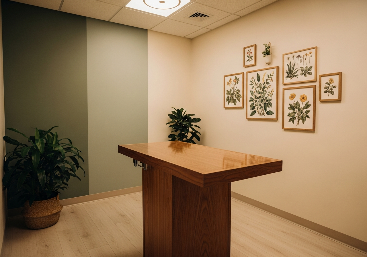 A calm exam room with botanical art